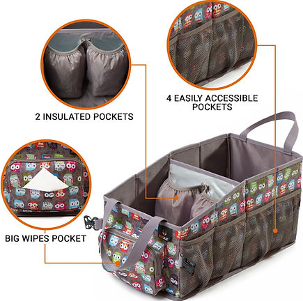 Brown diaper bag from amazon product listing with easily accessible pockets, insulated pockets and big pocket for baby wipes infographic image for amazon product listing.