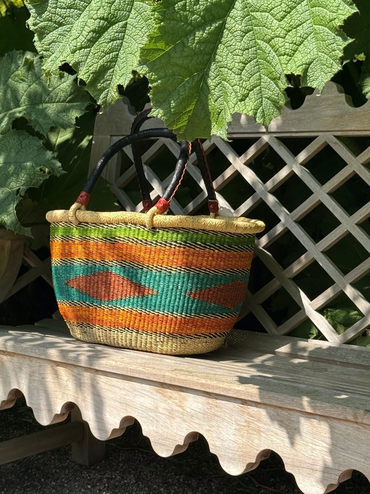 Handwoven Large Oval Basket in 'Aqua, Grass & Sunset Orange' Pattern