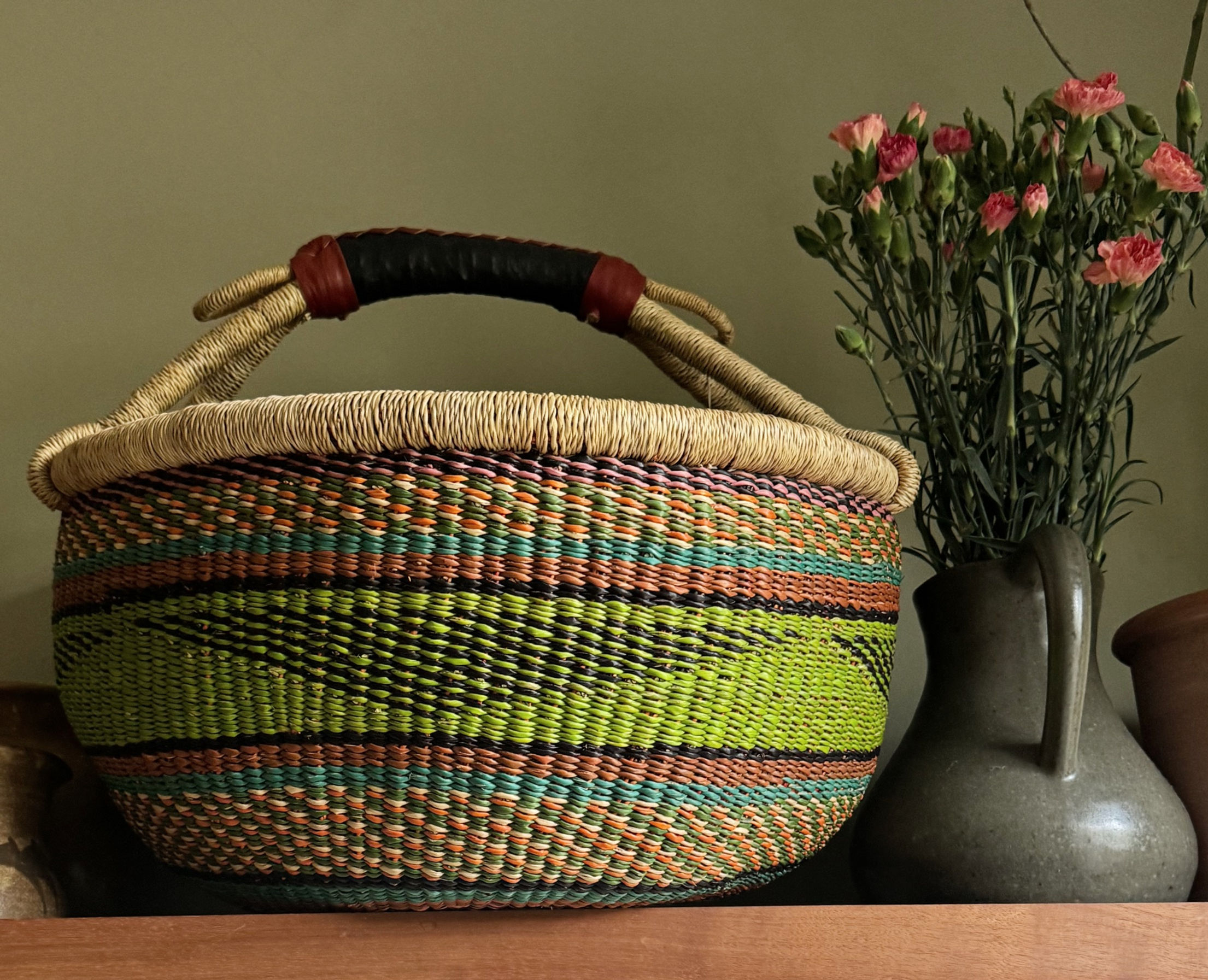 Large Handwoven Round Basket in Vivid Green with Colour Pattern