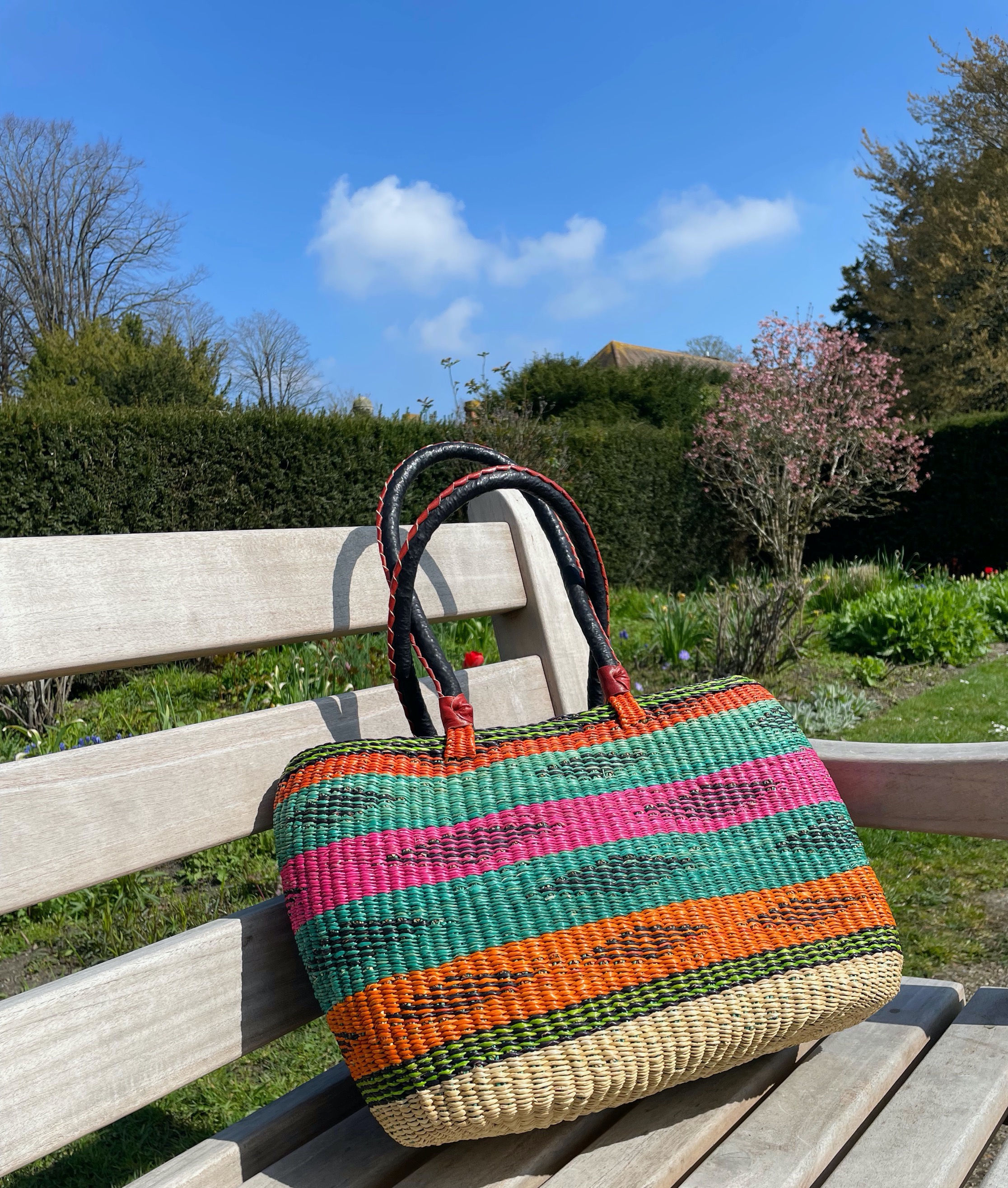 Handwoven 'Tapoh' Tote Basket Bag in 'Sunset Orange, Neon Pink & Cyan'