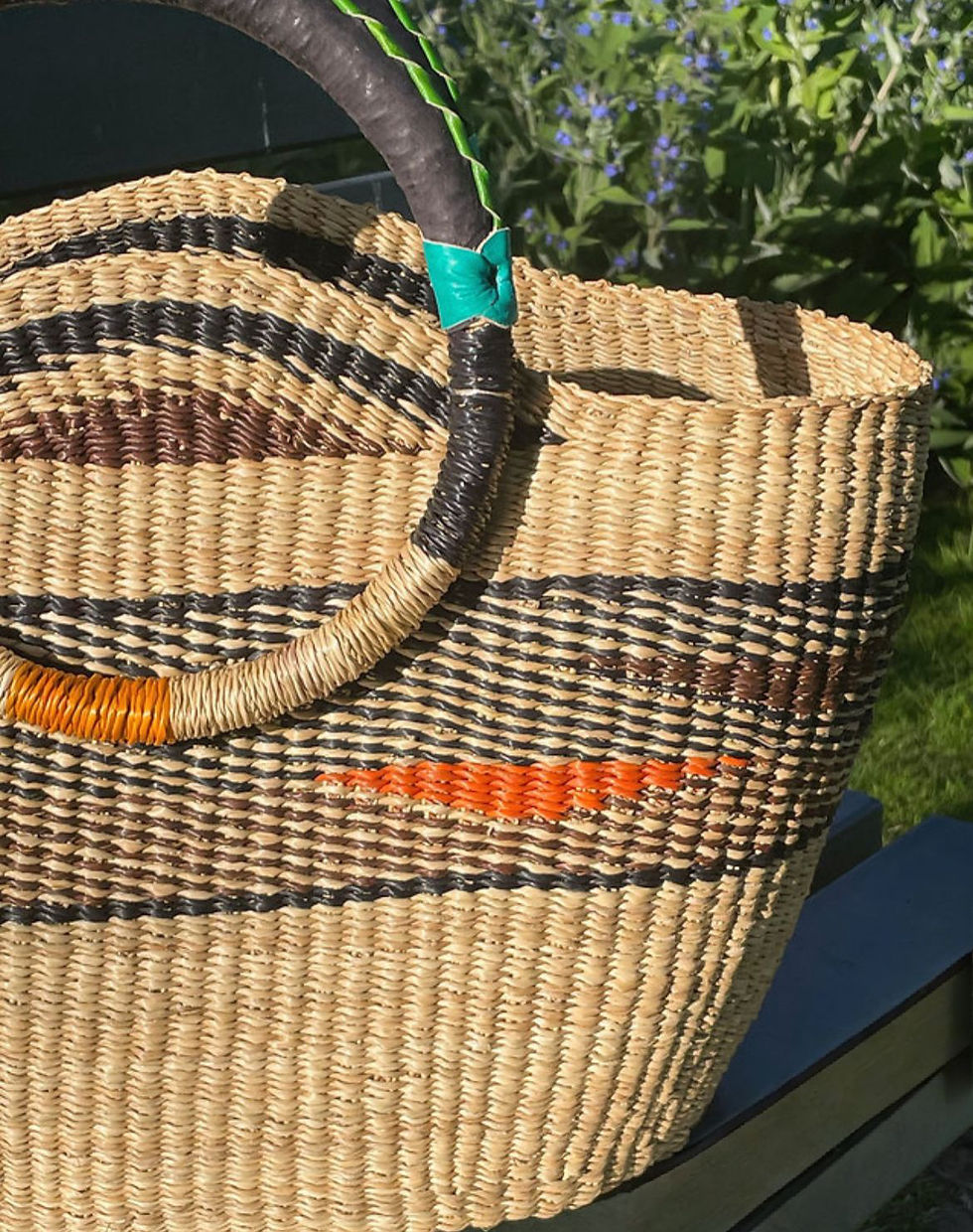 Thumbnail: Handwoven Circular Shopper Basket in Natural with Leaf Green & Sunset Pattern