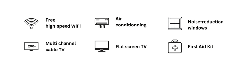Free high-speed WiFi throughout the apartment
Air conditioning for maximum comfort
Noise-reducing windows for a quieter stay
Multi-channel cable TV
Flat-screen TV for your entertainment
First aid kit available