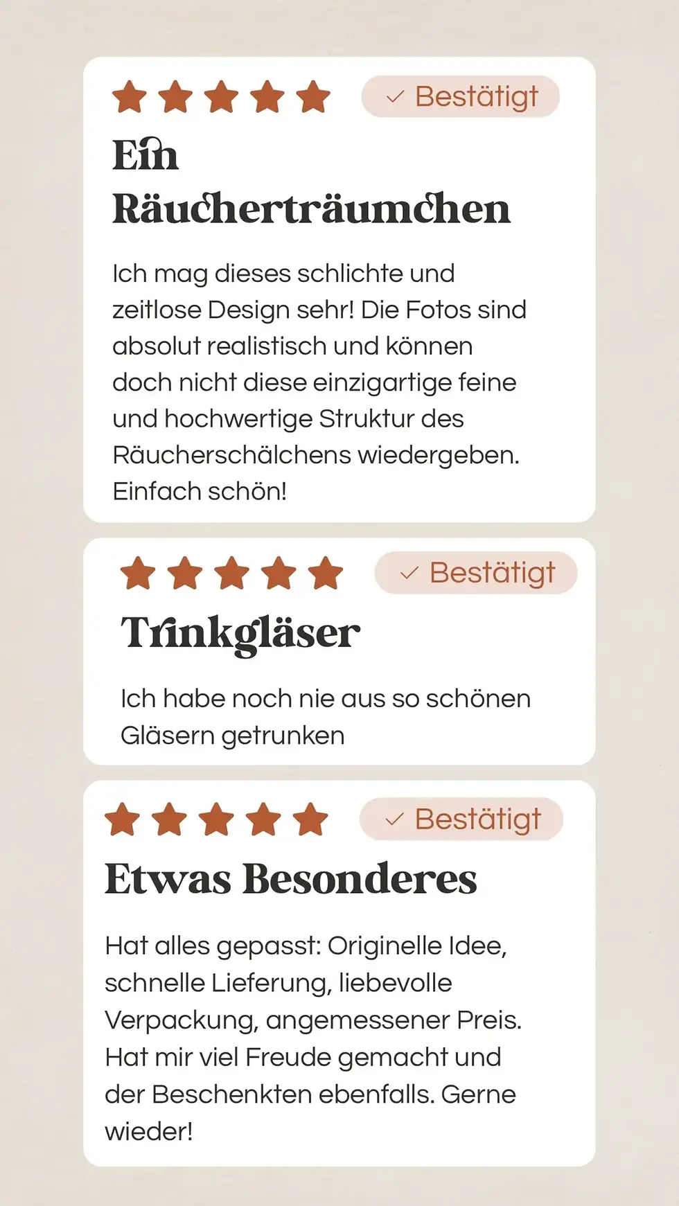 Kundenstimmen zu Handwerk und Gläsern – echte Bewertungen über Qualität und Verpackung.“