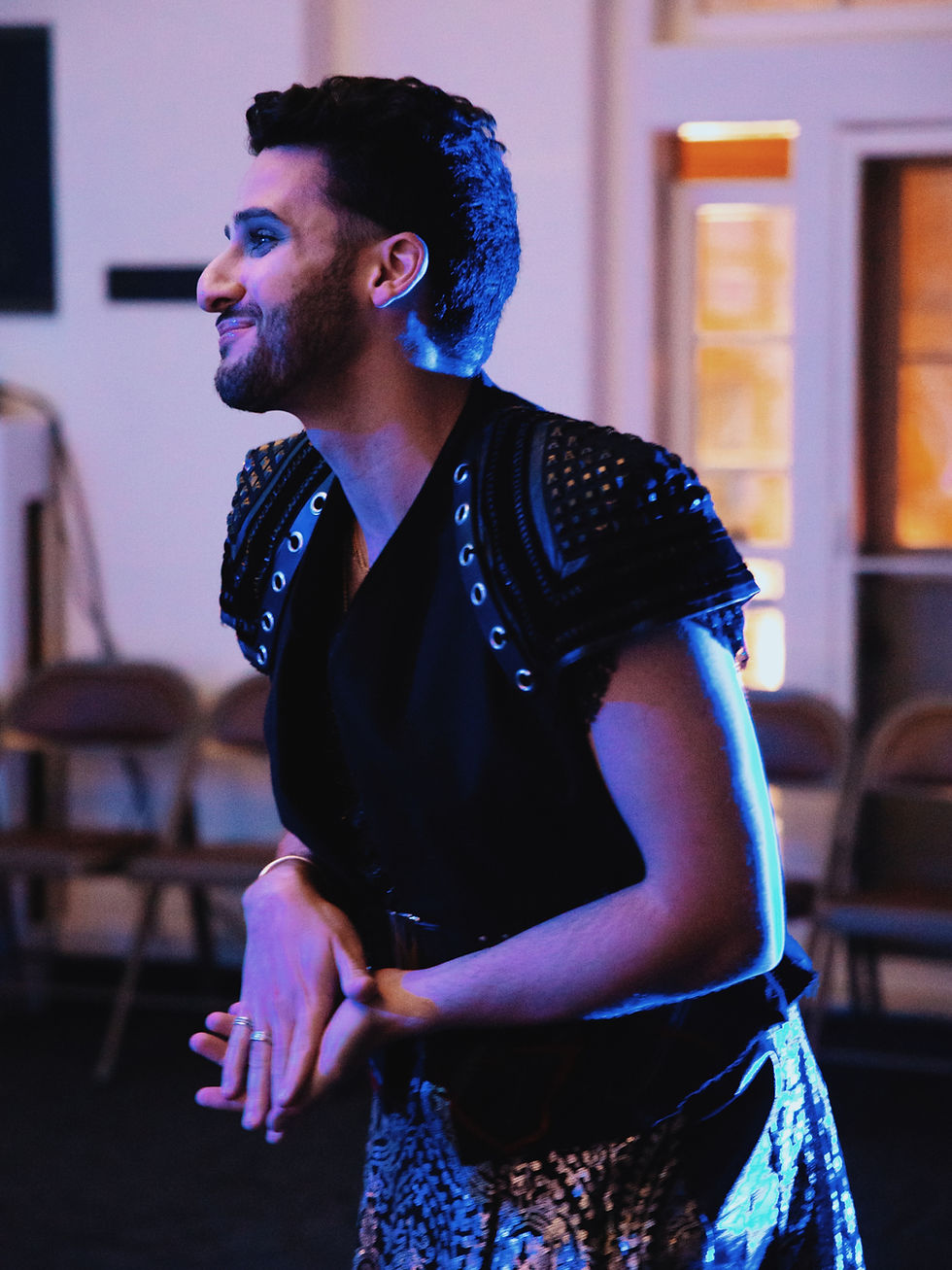 Michael Valdes as Aegisthus in EastLine Theatre’s "An Oresteia, or What We Have Seen" at Babylon Village Court in 2021.