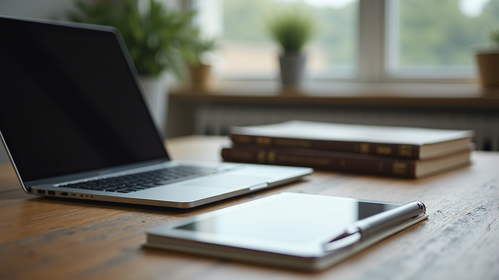 Eye-level view of a modern workspace with a laptop and legal books