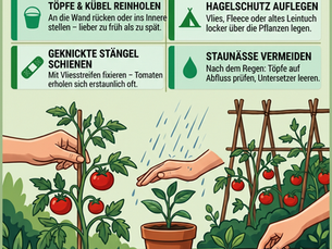Infografik Sturm & Gewitter: Tomaten vor Regen/Hagel schützen, reife Früchte ernten, Töpfe reinholen, Hände im Garten.