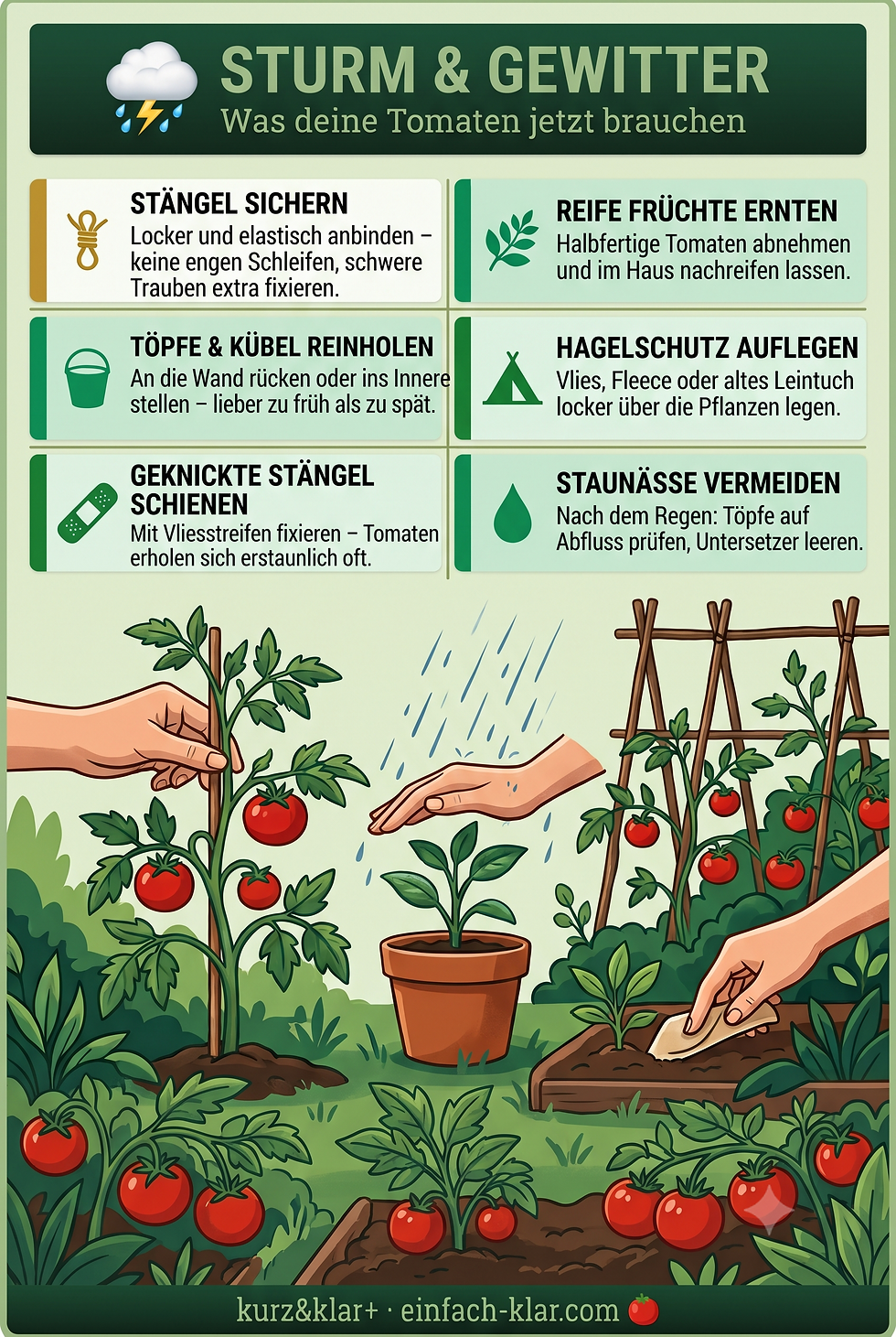 Infografik Sturm & Gewitter: Tomaten vor Regen/Hagel schützen, reife Früchte ernten, Töpfe reinholen, Hände im Garten.