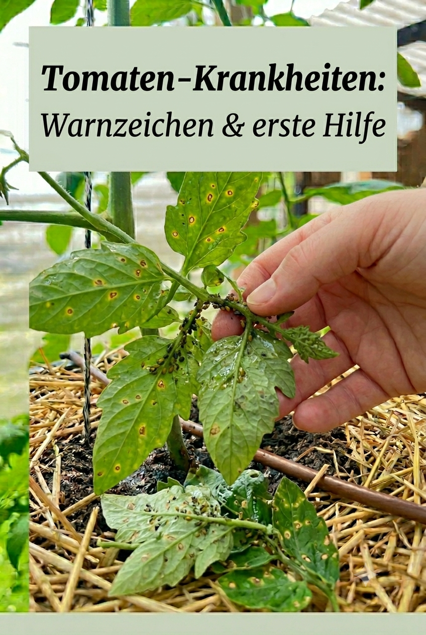 Nahaufnahme einer Tomatenpflanze im Gewächshaus, deren Blätter deutliche braune Flecken aufweisen und an den Trieben von Blattläusen befallen sind. Eine Hand hält vorsichtig einen betroffenen Pflanzenteil zur Kontrolle. Im oberen Bereich befindet sich eine salbeigrüne Textbox mit der Aufschrift „Tomaten-Krankheiten: Warnzeichen & erste Hilfe“, wobei die erste Zeile fett hervorgehoben ist.