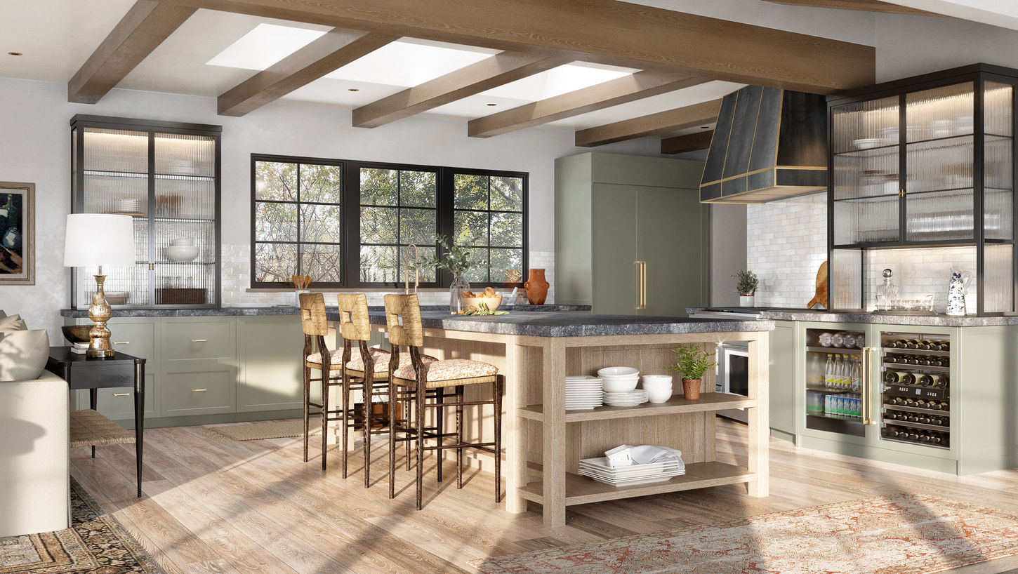 The kitchen in The Canyon, Hollywood Hills, exemplifies a sophisticated blend of modern design with rustic elements, perfectly suited for its serene, elevated setting. The use of earthy tones and natural materials, such as wood for the exposed beams and the rustic-inspired furniture, harmonizes with the greenery visible through the ample window frames. The elegant, dark-framed windows not only accentuate the views but also anchor the room's aesthetic, balancing the light walls and countertops. Key details such as the large, uniquely shaped hood over the stove and the integrated wine storage add a luxurious yet functional touch, making this space ideal for both daily use and entertaining.