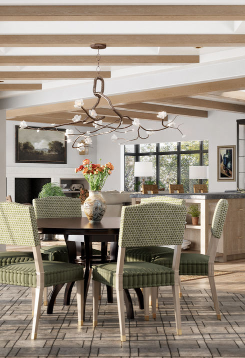 Modern dining space in The Canyon, Hollywood Hills, showcasing exposed wood beams, large floor-to-ceiling windows, and an elegant chandelier. The area is decorated with green patterned dining chairs, a classic wooden table, and a serene mix of indoor plants enhancing the bright and airy atmosphere.