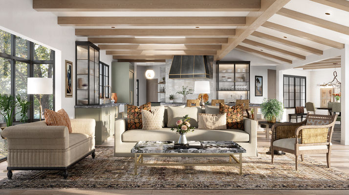 The living room in The Canyon, Hollywood Hills, showcases a harmonious blend of contemporary and classic elements. The room features an open layout that connects seamlessly with the kitchen area, providing a fluid living space ideal for social gatherings and everyday comfort. Exposed wooden beams overhead complement the earthy tones and natural textures throughout, including the rattan and wood furniture, which lend an inviting rustic charm. Large windows fill the room with natural light and offer views of the surrounding greenery, enhancing the connection to nature. The sophisticated neutral palette is accented with vibrant patterns and textures in the pillows and rug, creating a rich, tactile experience that adds depth and interest to the space.