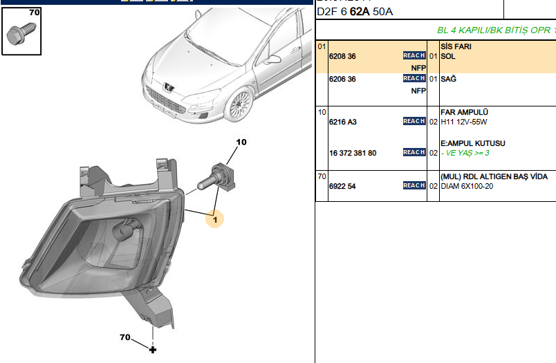 PSA Orijinal Peugeot 407 Sis Farı Sol 6208.36