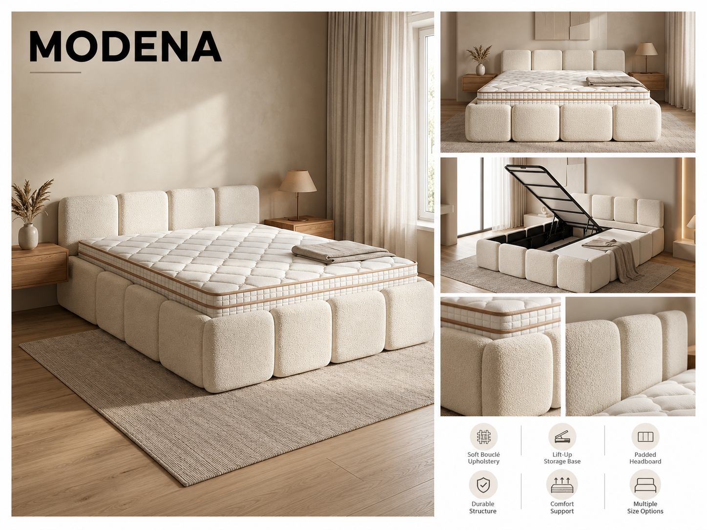 Modena upholstered bed design and close-up catalogue photography