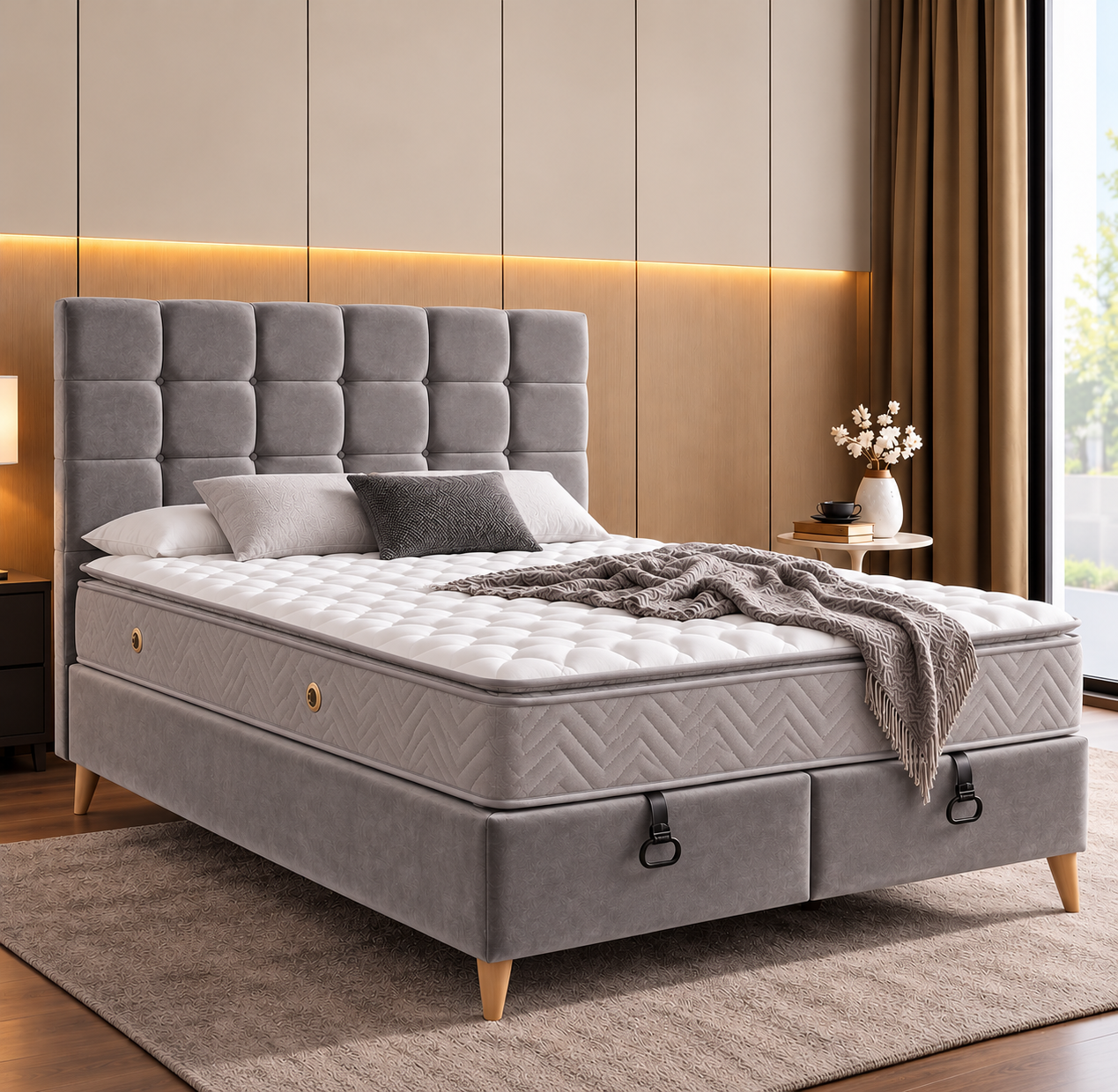 Aura bed upholstered in grey velvet in a warm modern bedroom