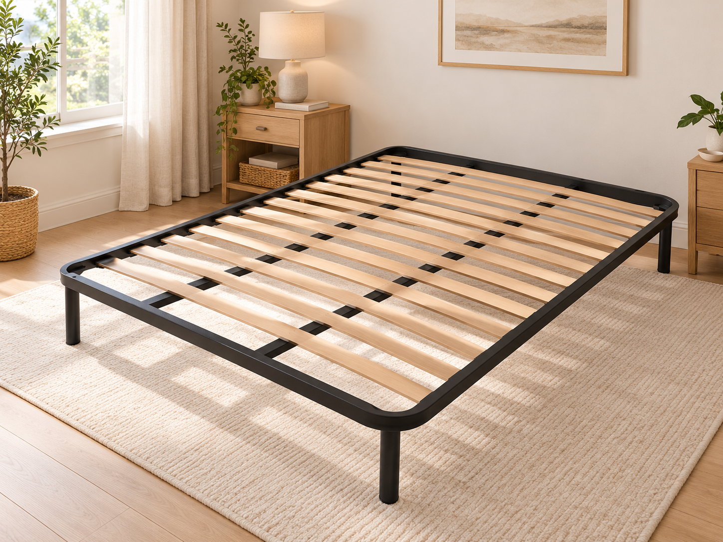 Omajco black metal framed standard slatted base in a furnished bedroom