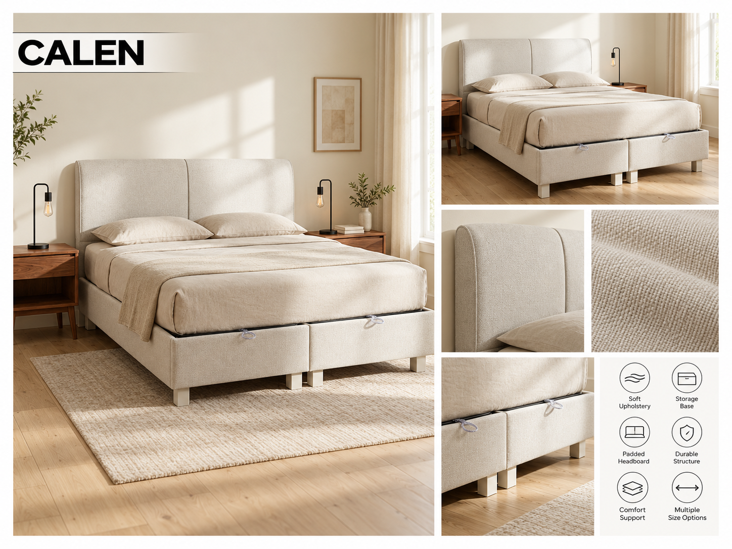 Calen upholstered bed design and close-up catalogue photography