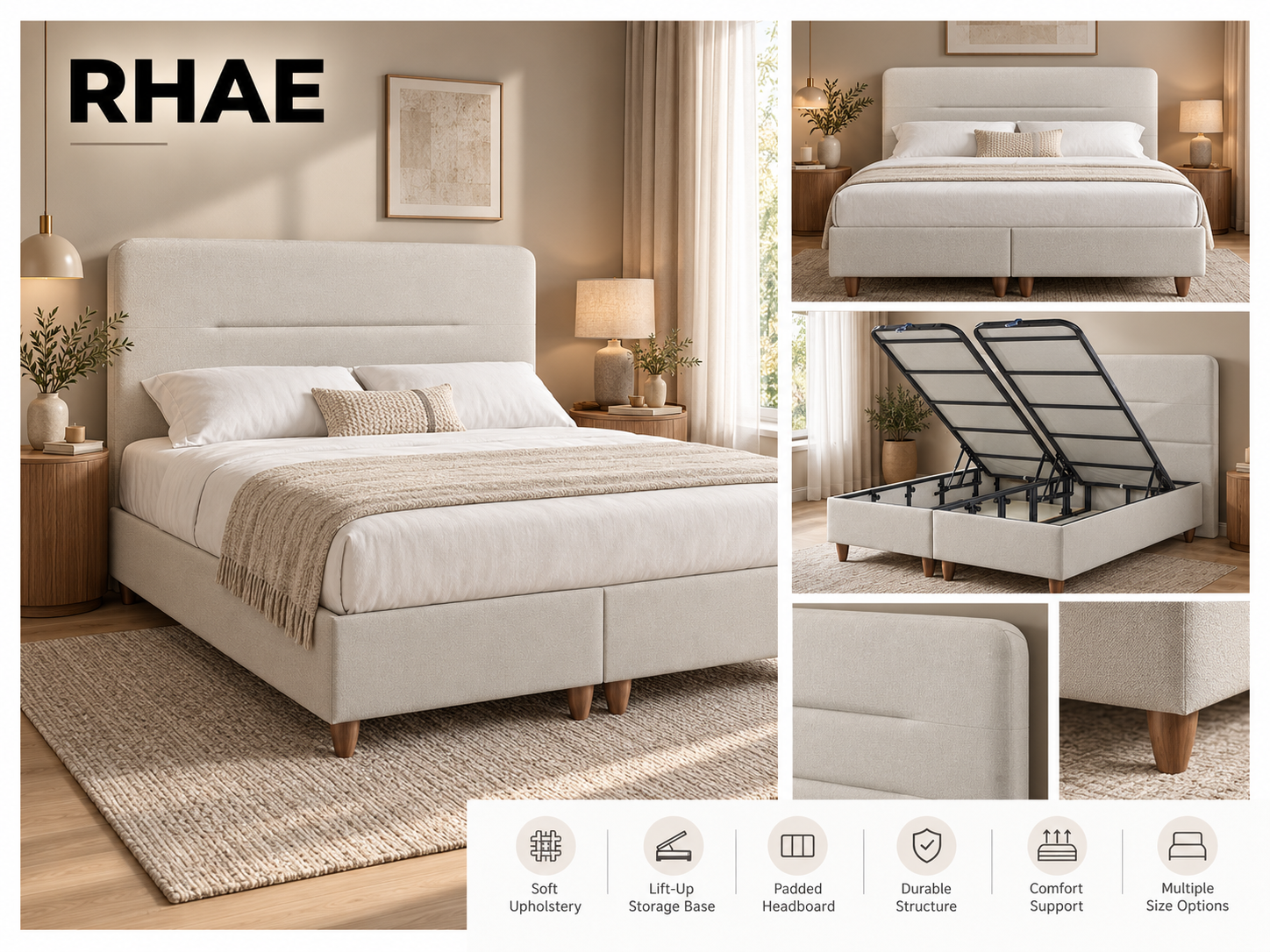 Rhae beige upholstered storage bed with padded headboard and dual lift-up base
