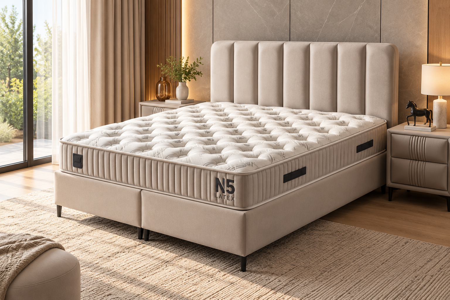 Natural bed in grey bouclé fabric with upholstered headboard