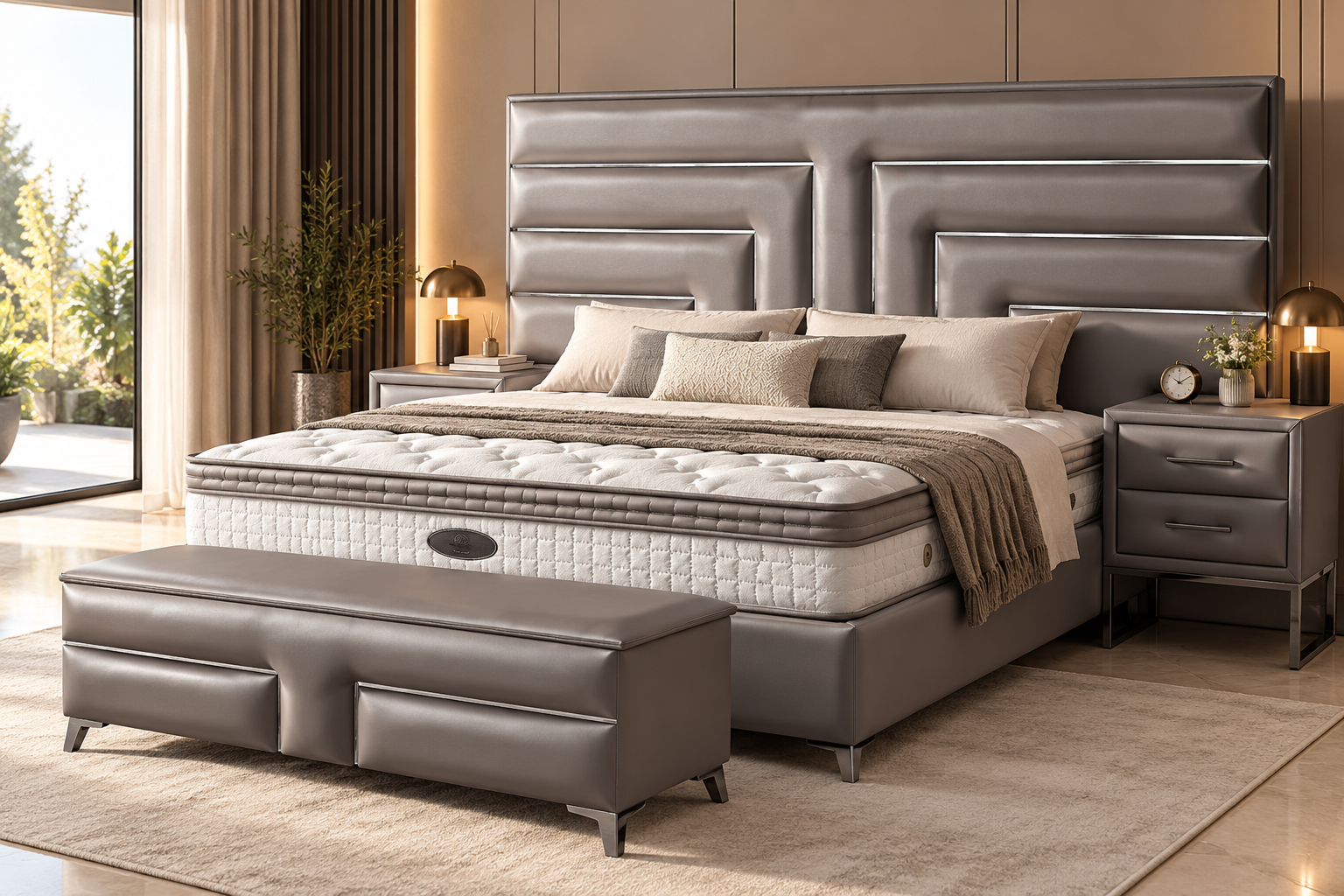 Alpine grey upholstered bedroom set with coordinated nightstands and bench