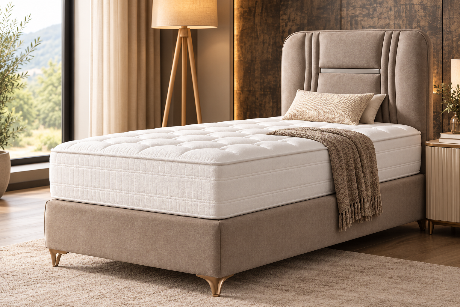 Atena upholstered bed with decorative panel headboard in a modern warm neutral bedroom