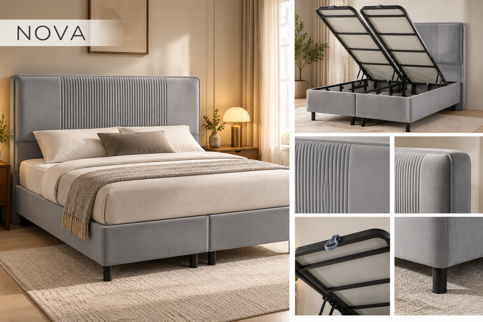 Nova grey upholstered storage bed with vertical channel headboard, lifting frame and detail views