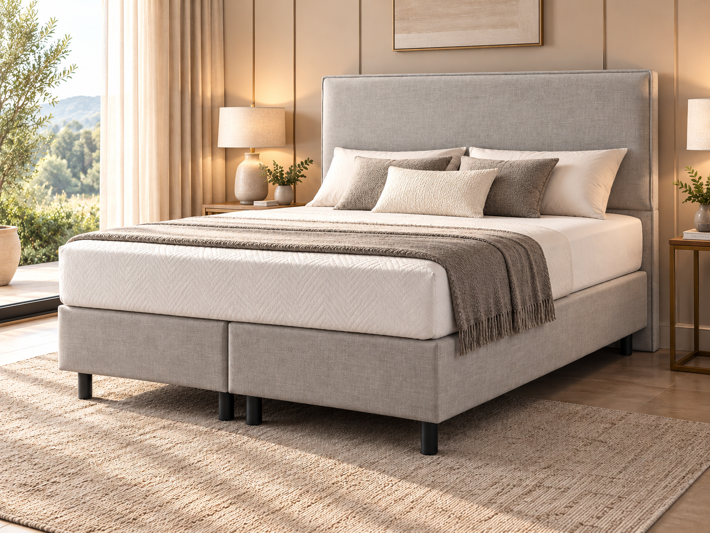 Panna upholstered bed with grey fabric headboard in a warm neutral bedroom