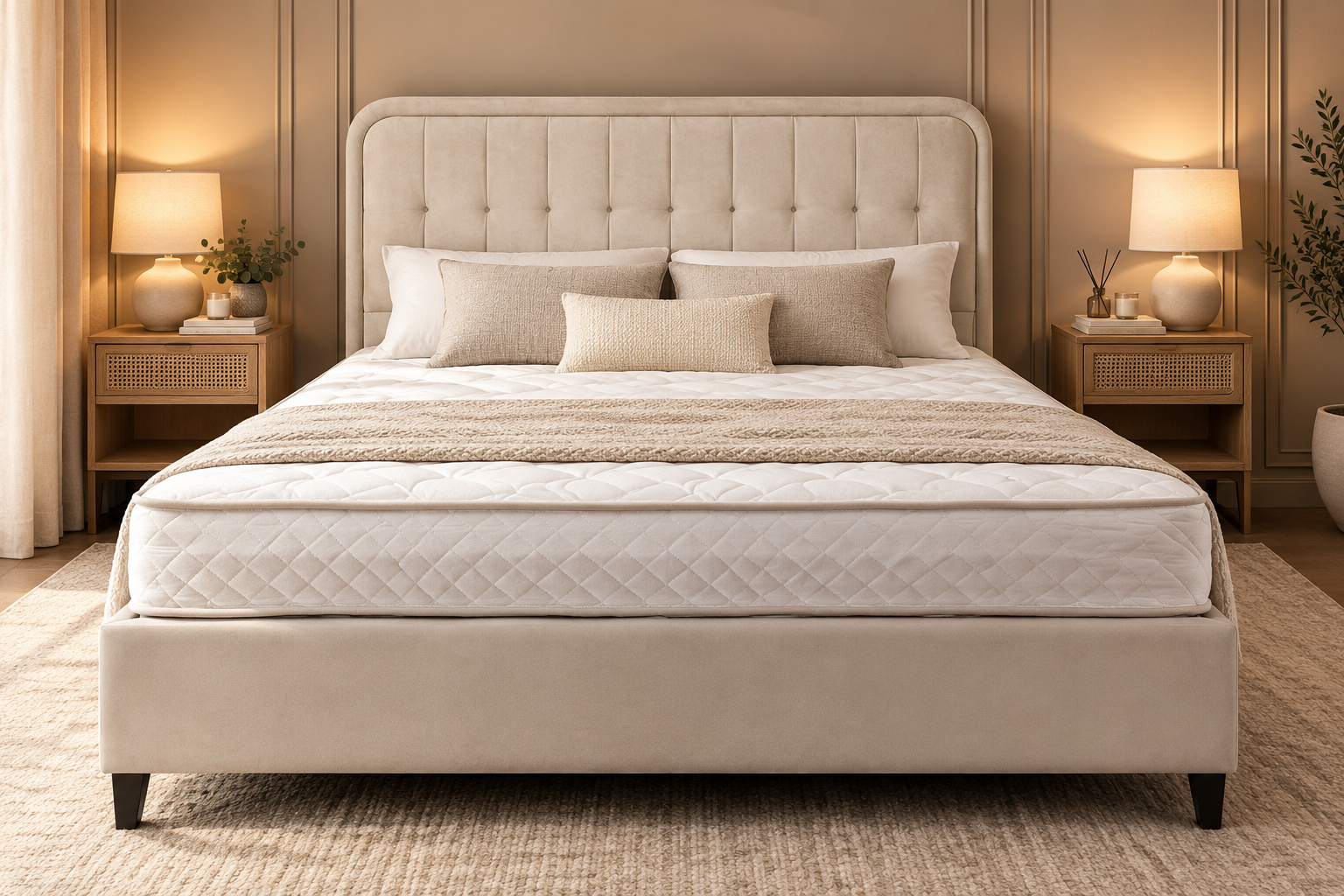 Miracle upholstered beige bed in a warmly lit neutral bedroom