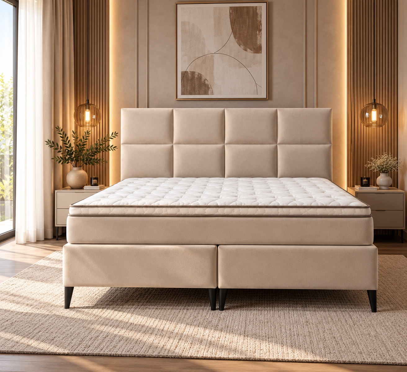 Royal Art bed upholstered in beige in a symmetrical bedroom