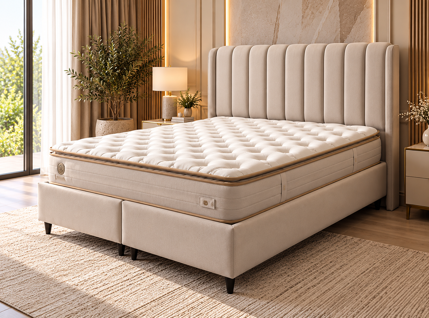 Organic upholstered bed, Cat Col fabric, in a warm bedroom