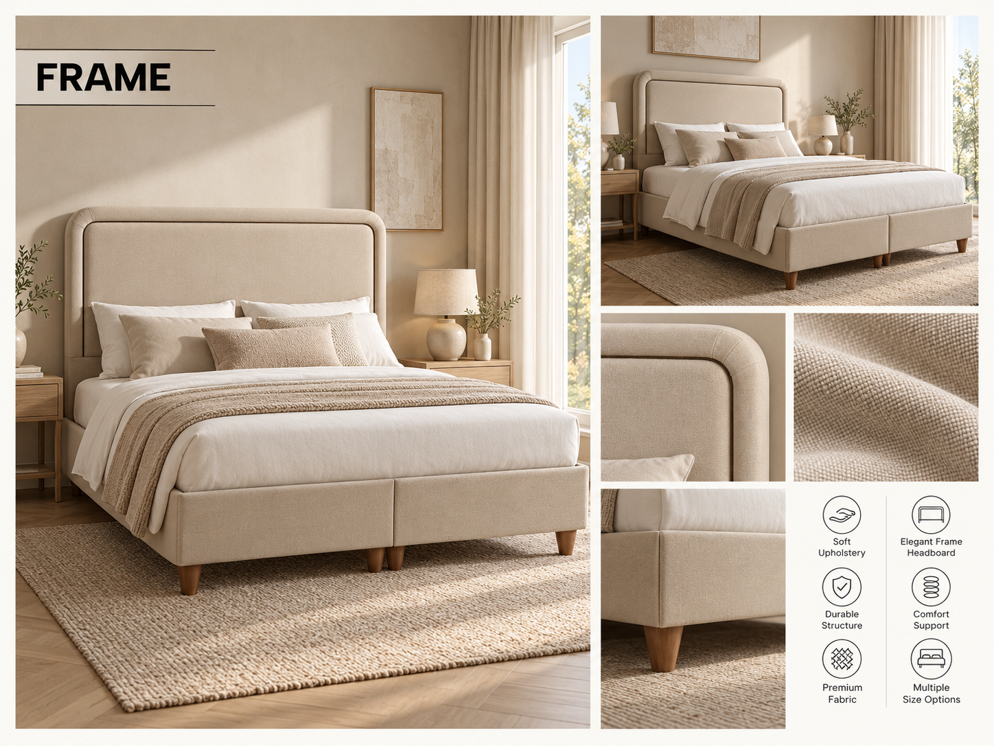 Frame upholstered bed design and close-up catalogue photography