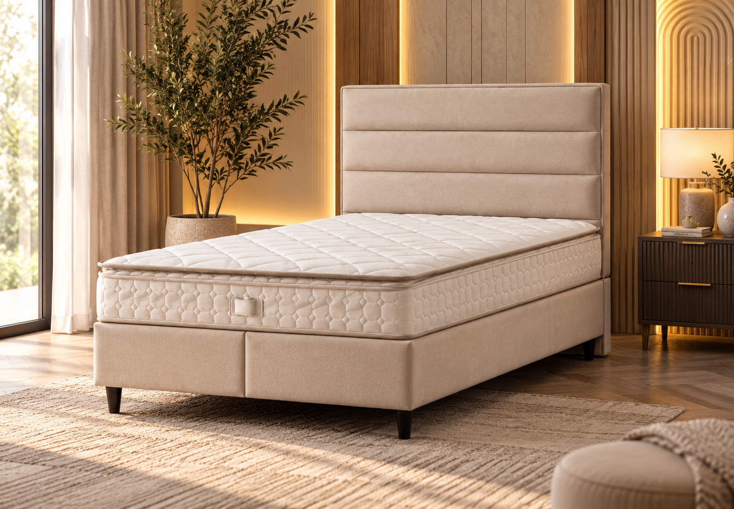 Ayra beige upholstered single bed in a warm bedroom