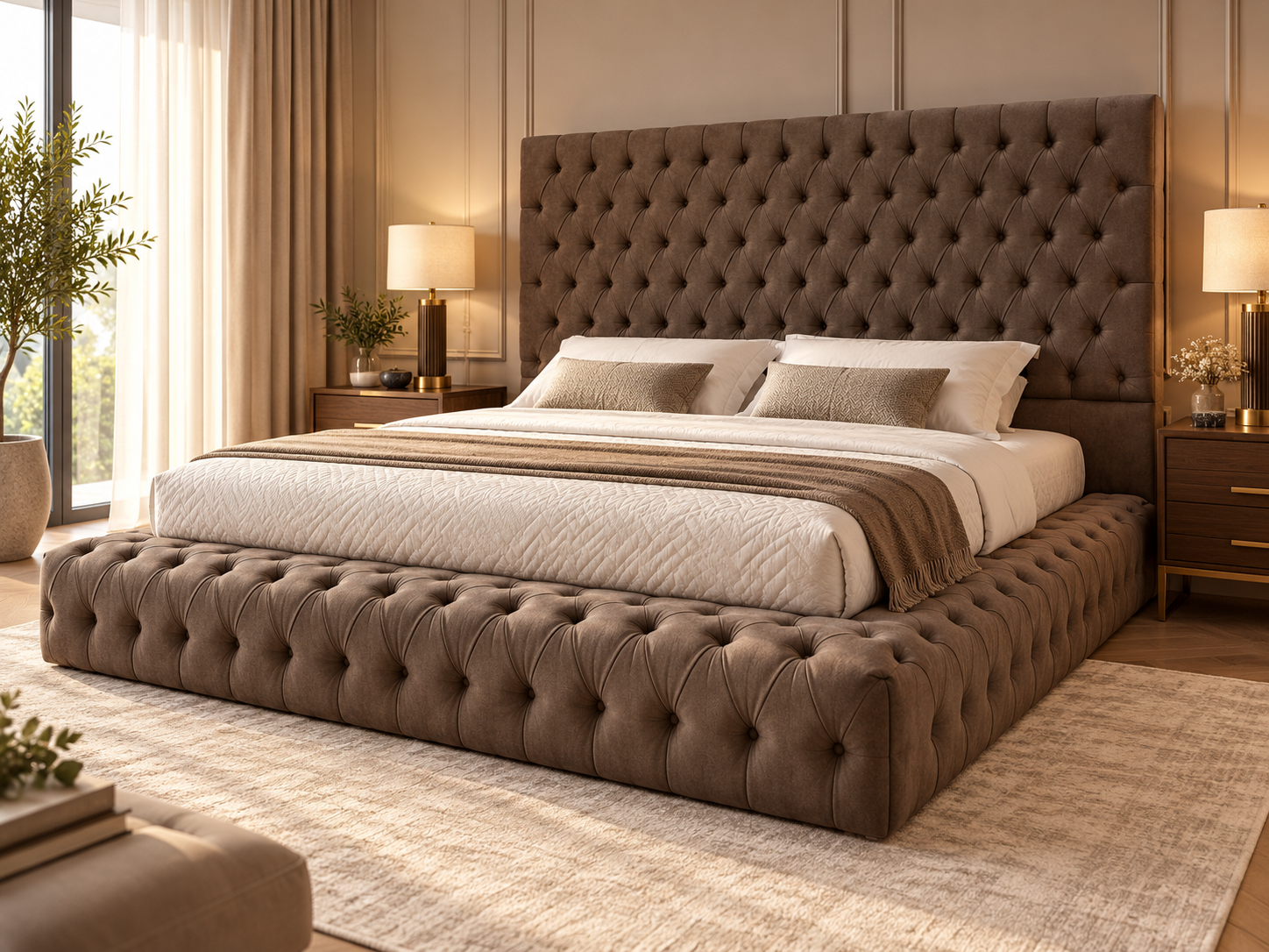 Elite tufted bed in brown upholstery