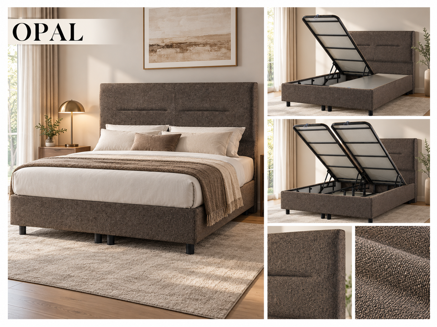 Opal upholstered lift-up storage bed in patterned brown fabric with close-up detail views
