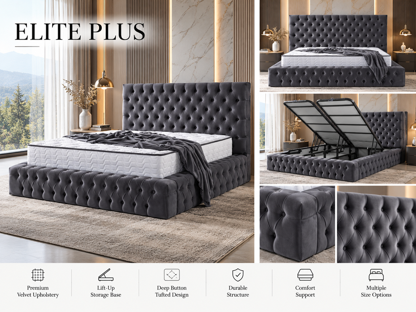 Elite Plus charcoal tufted luxury storage bed, with lift-up mechanism and upholstery details