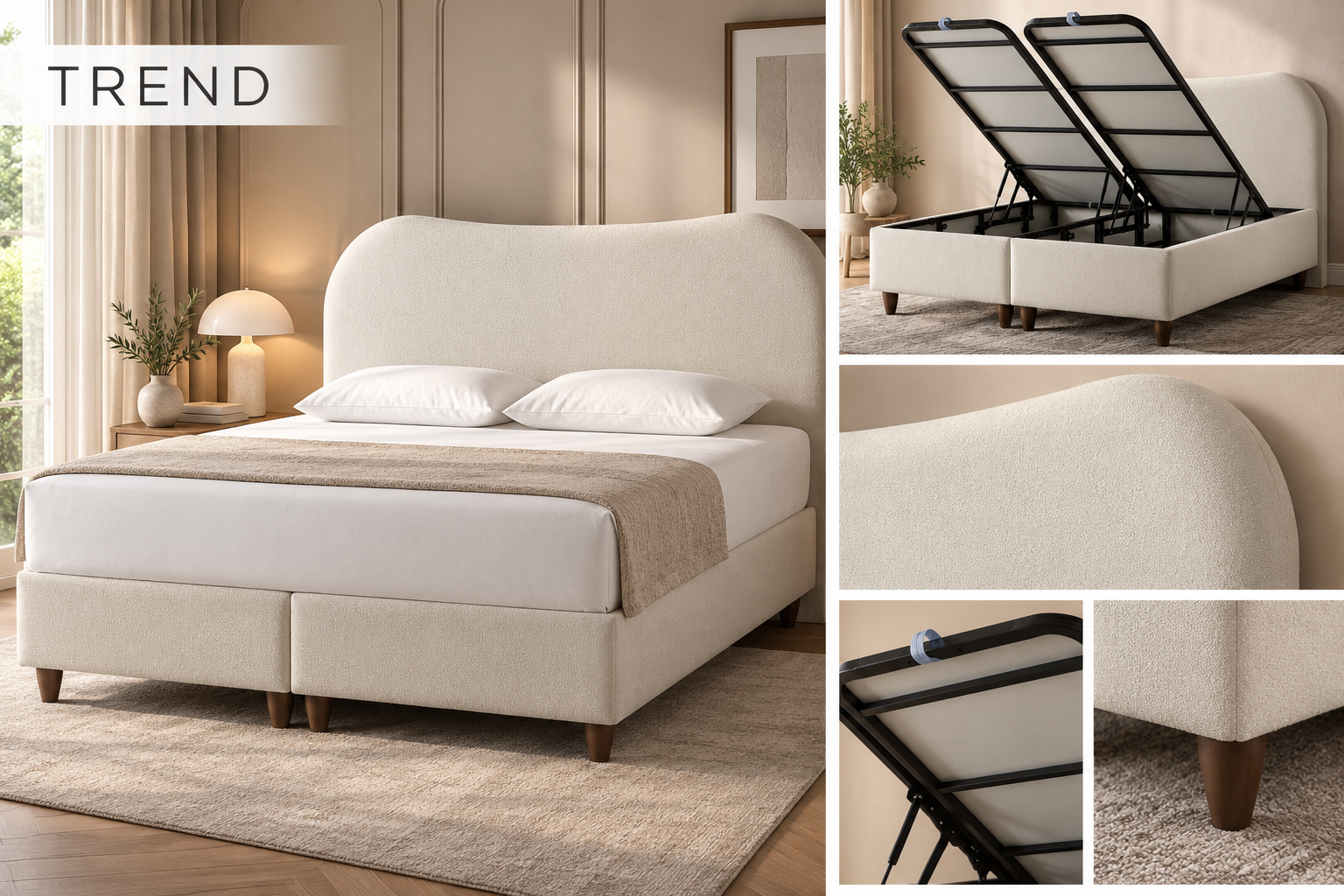 Trend upholstered storage bed with curved headboard, dual lift-up base and upholstery details