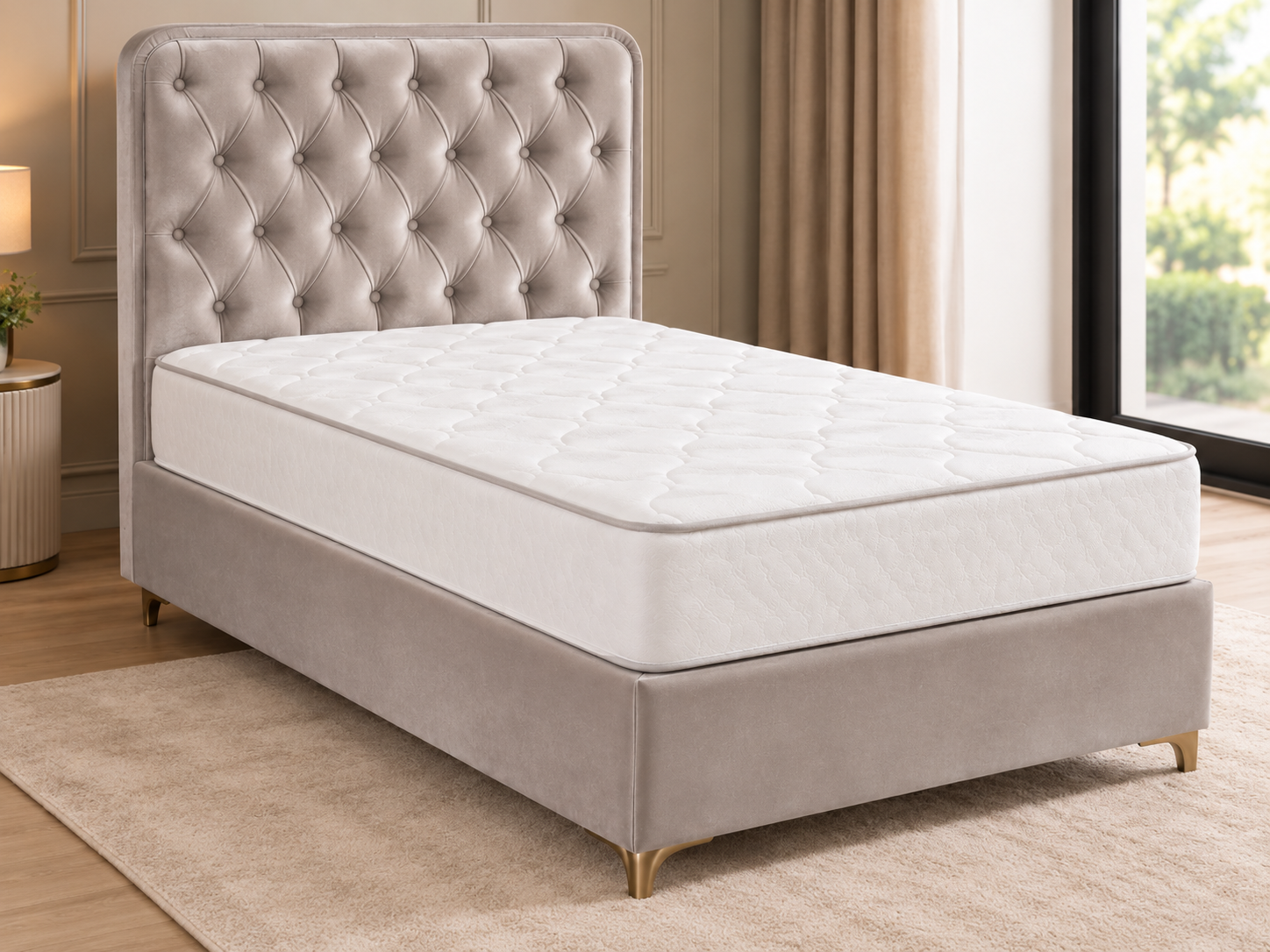 Loft upholstered bed with tufted headboard in a bright bedroom