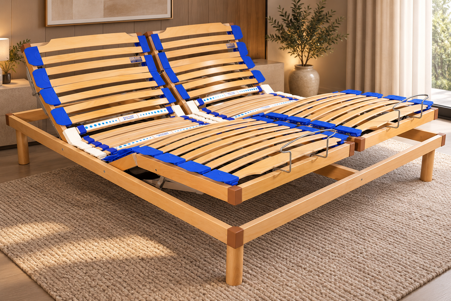 Split adjustable motorised bed with individual head and leg positioning in a luxury bedroom