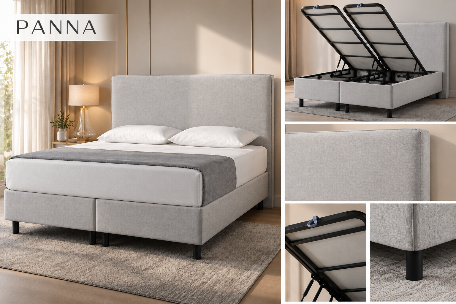 Panna grey upholstered storage bed with horizontally panelled headboard, lift-up mechanism and fabric details