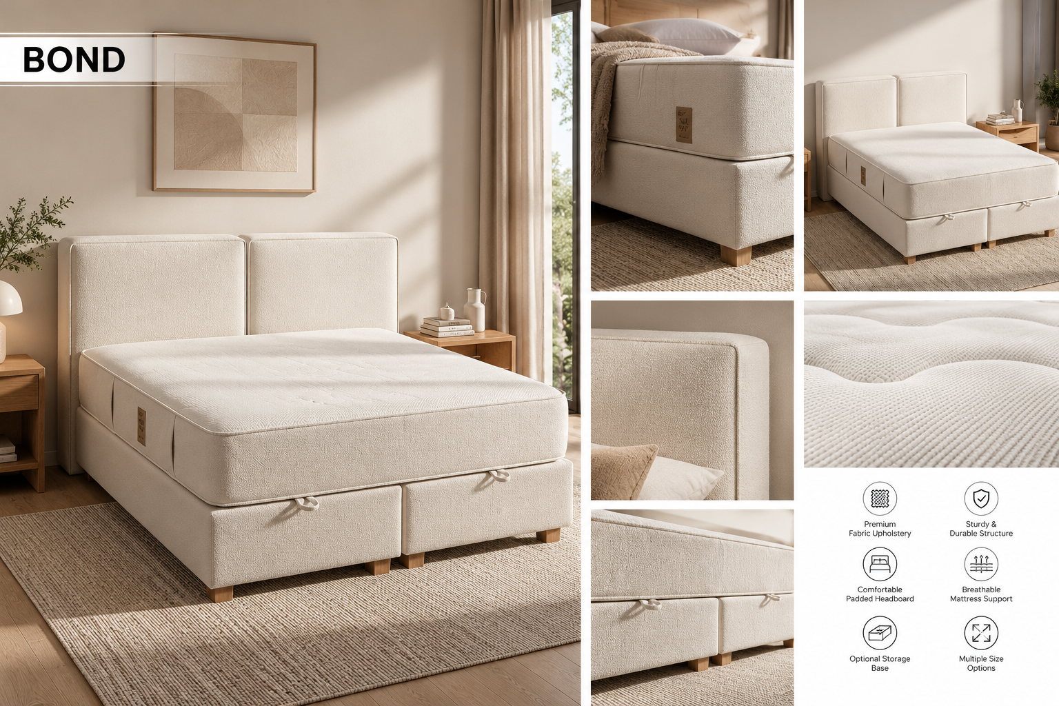 Bond upholstered bed design and close-up catalogue photography