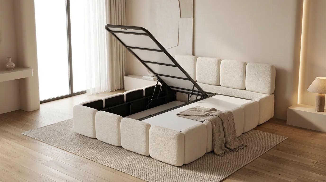 Omajco upholstered storage bed with its lifting storage compartment open