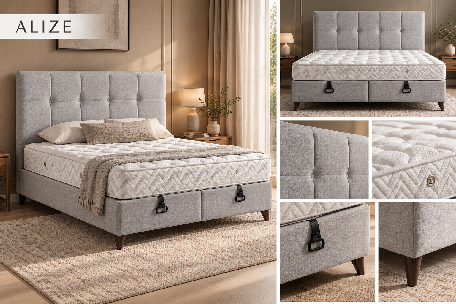 Alize upholstered storage bed with grey buttoned headboard and catalogue detail views