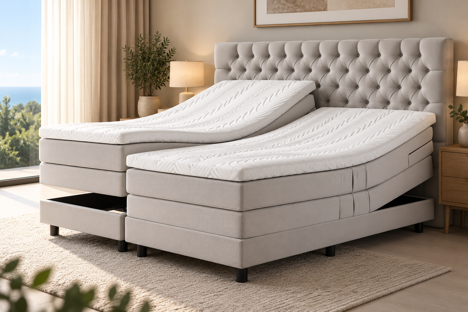 Optimus fully upholstered adjustable bed with tufted headboard