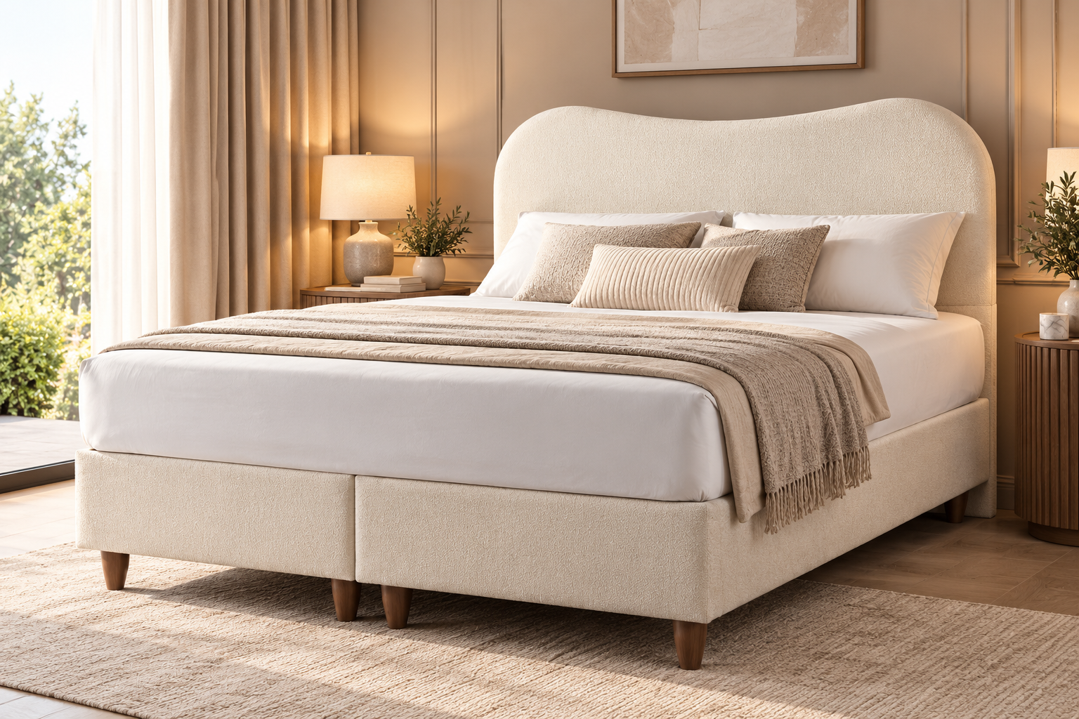 Trend upholstered beige bed with rounded headboard in a warm bedroom