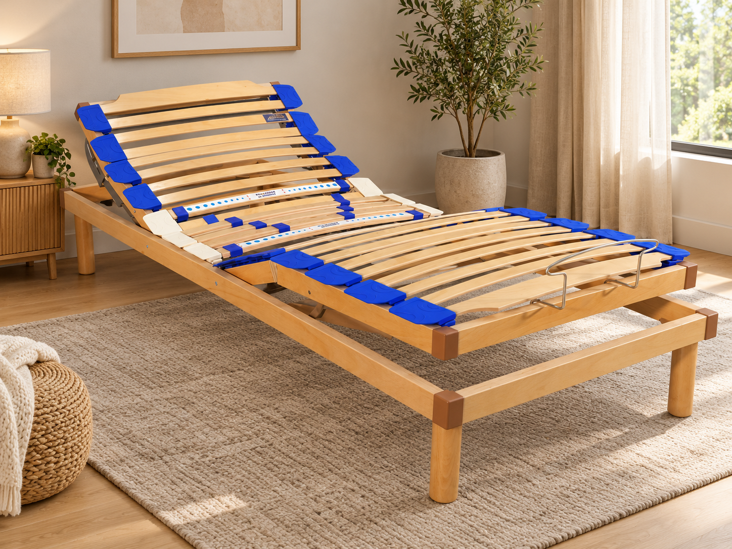 Italian slatted adjustable bed with raised headrest, natural timber and blue articulation supports in a sunlit bedroom