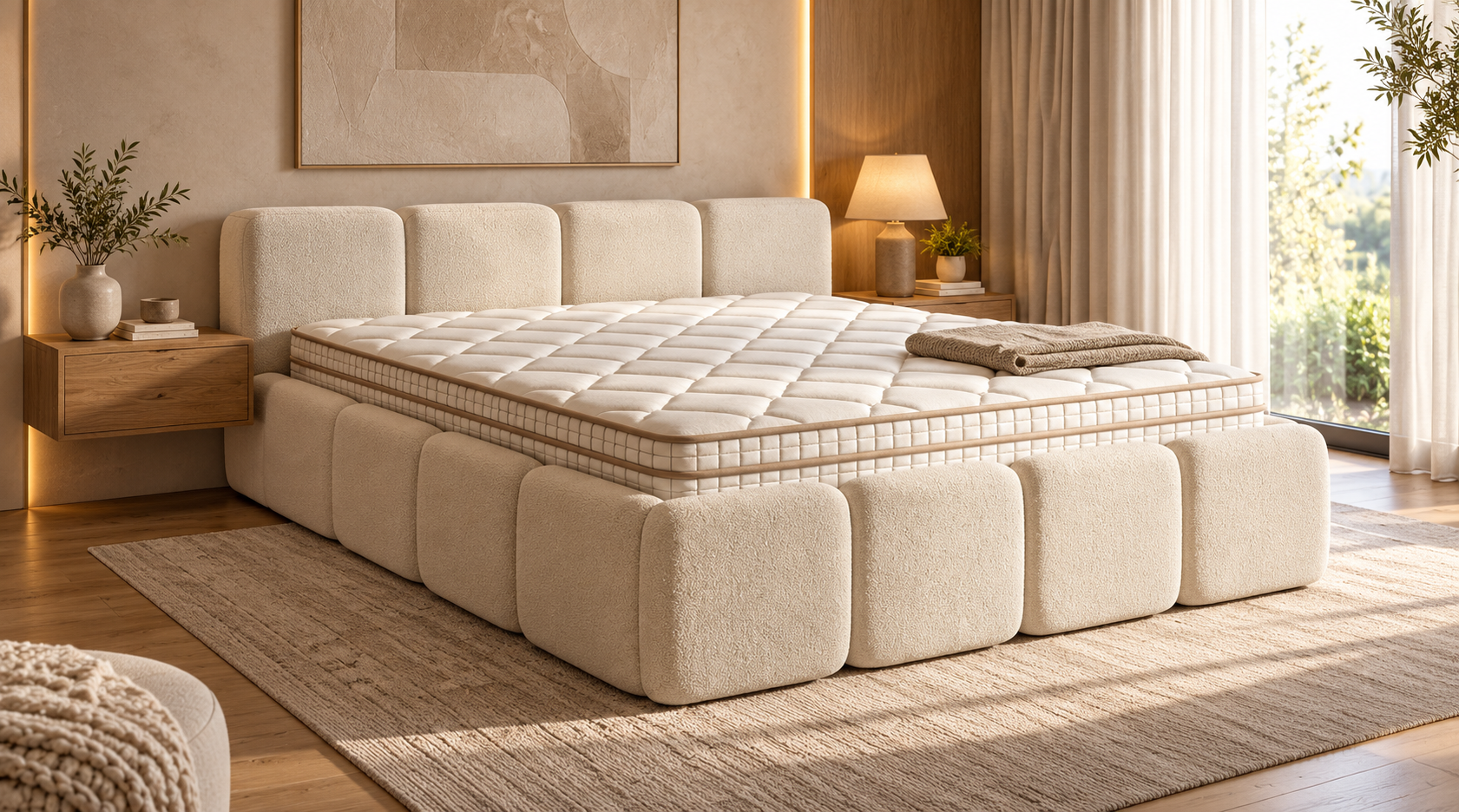Modena upholstered bed in cream bouclé with sculptural headboard