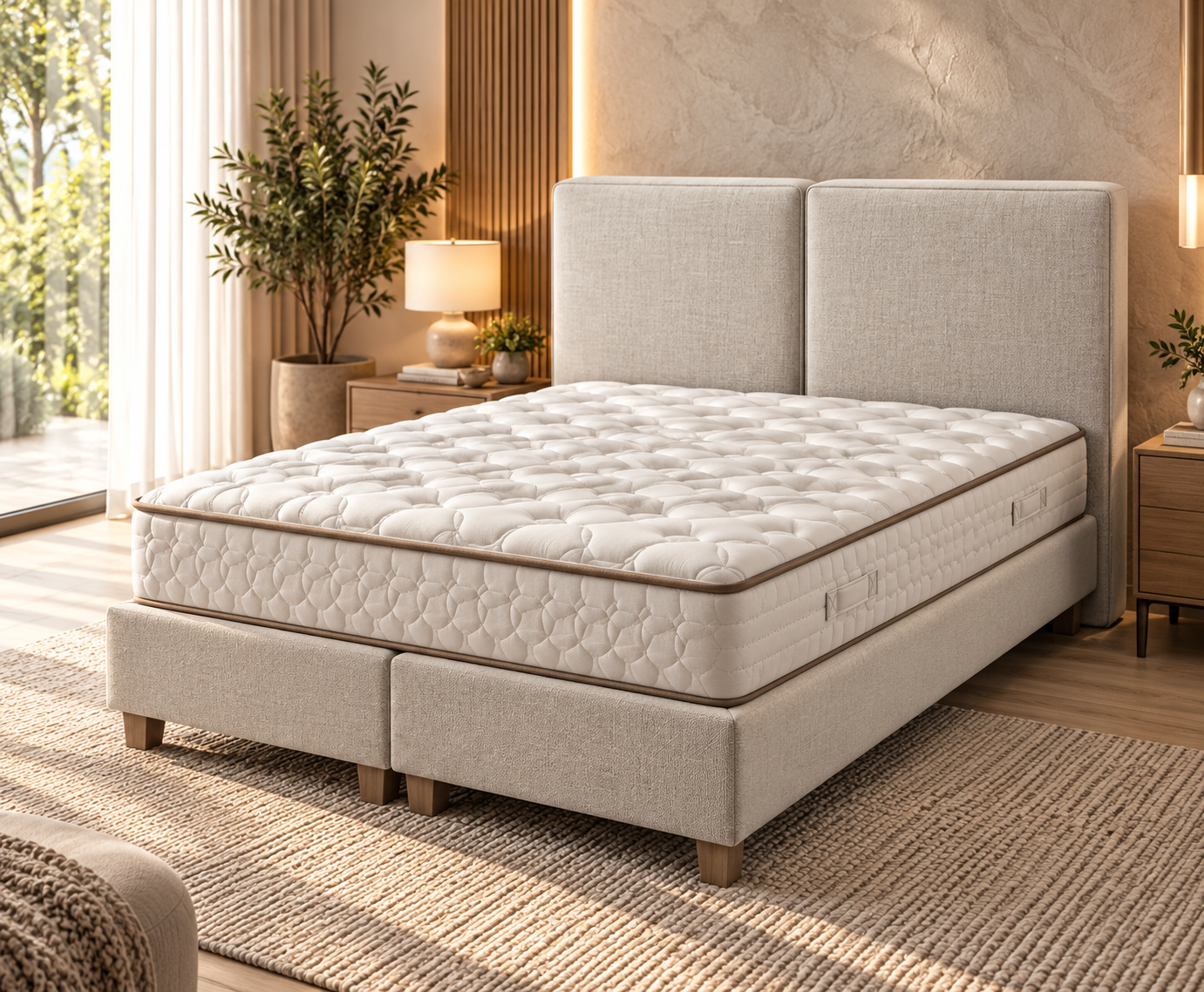 Bold bed in cream upholstery with padded headboard