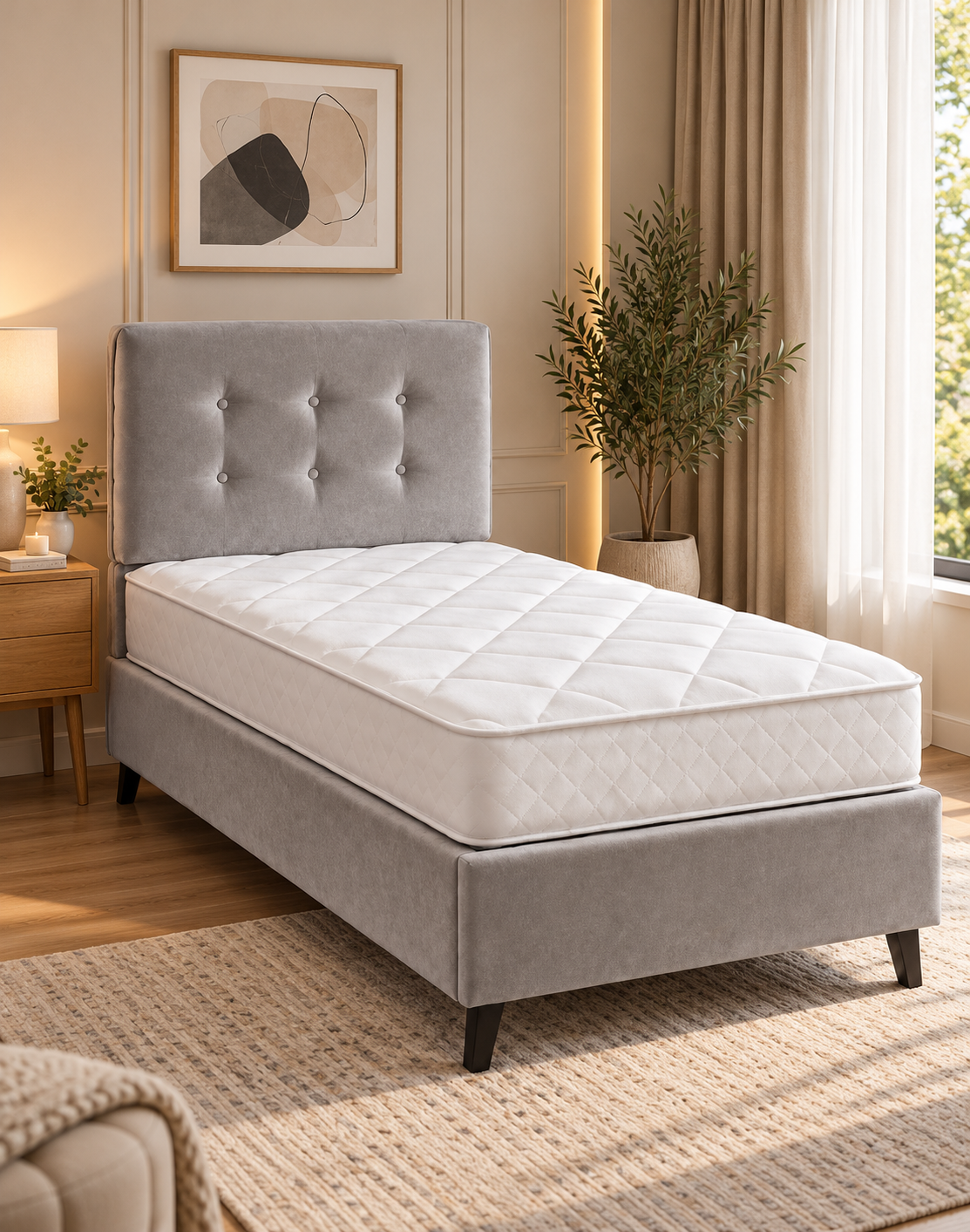 Carbon bed upholstered in grey in a modern bedroom