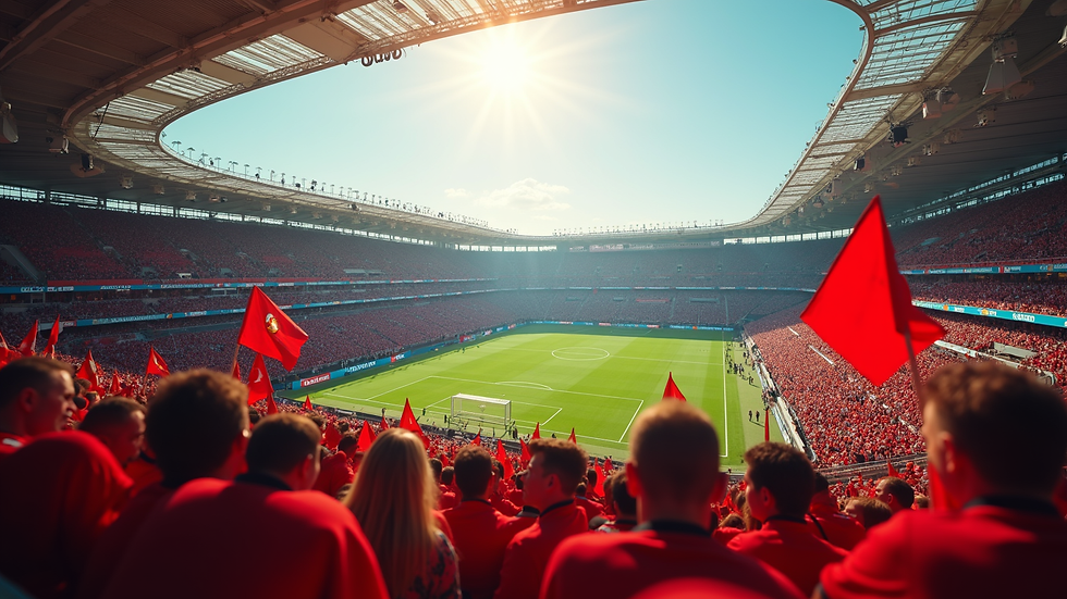 Eye-level view of a packed stadium with fans waving flags during a World Cup match