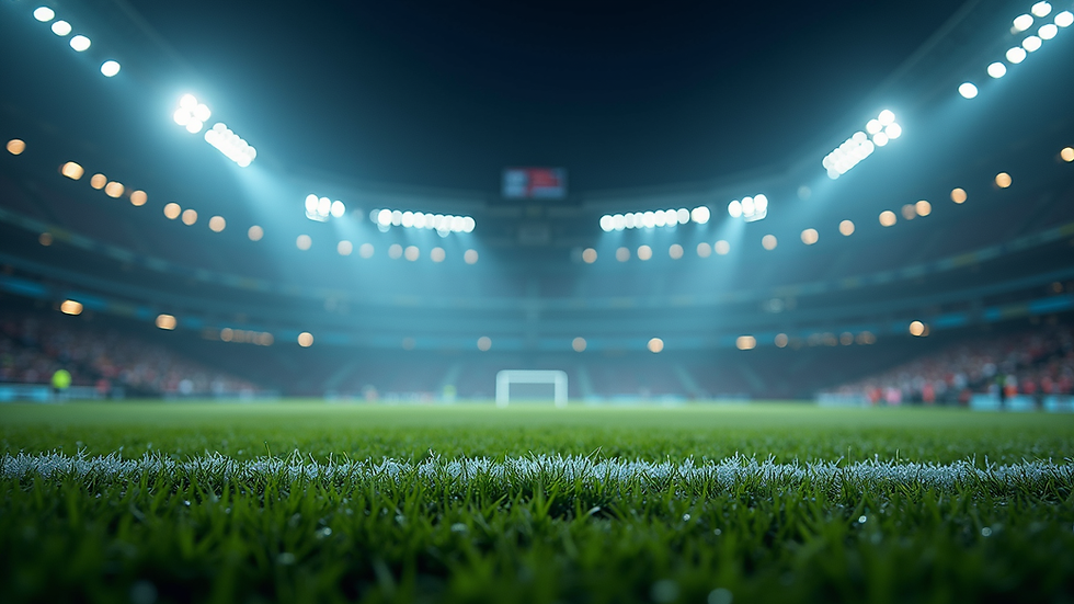 Eye-level view of a football pitch with data overlays showing player stats