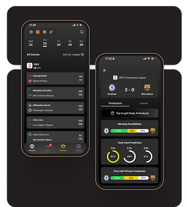 AI-powered sports betting app WinAI dashboard displaying winning match results for Champions League and Europa League with a